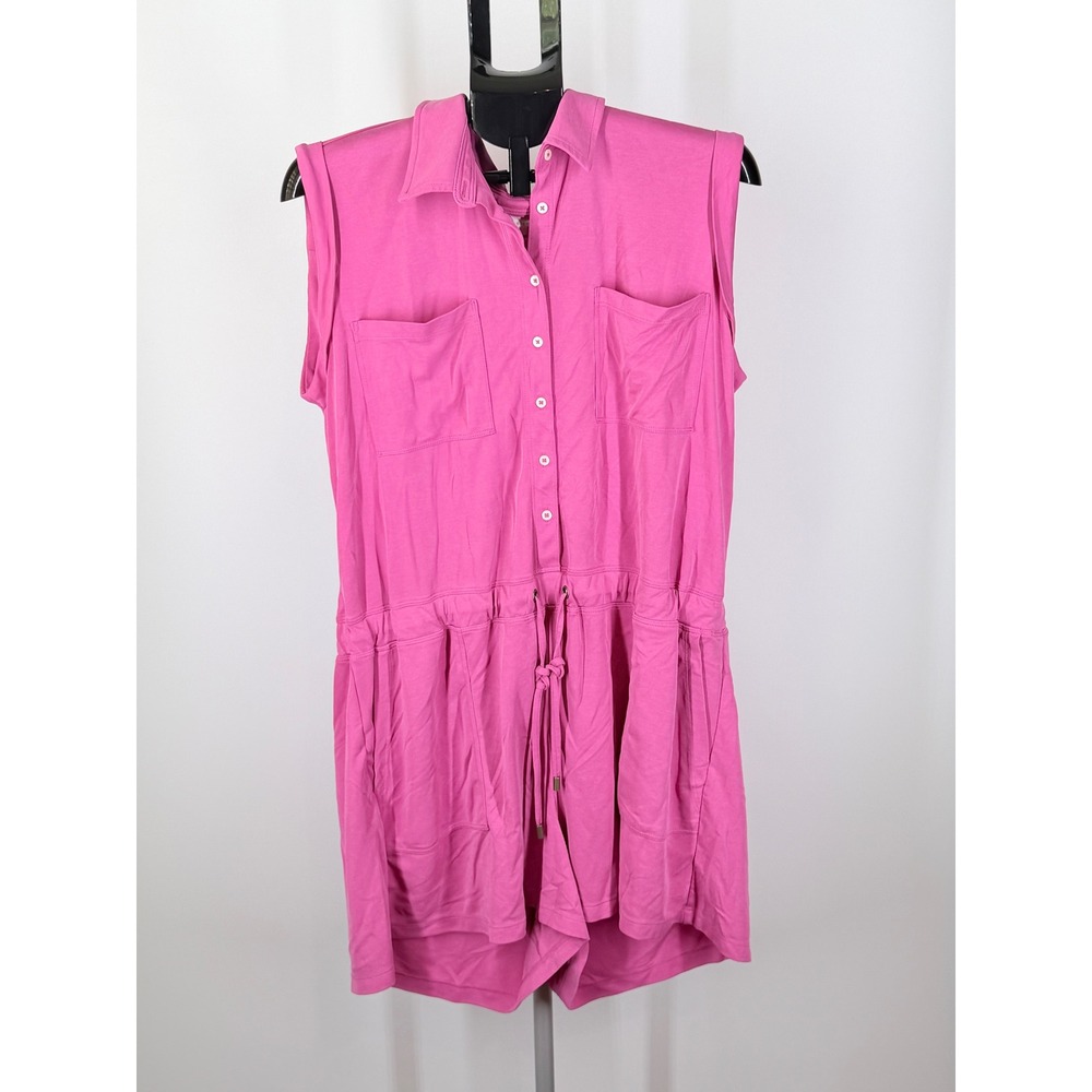 Lou & Grey Pink Sleeveless Button Front Drawstring Waist Romper XL Pique Knit